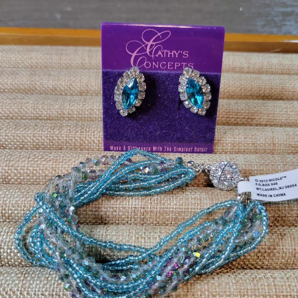 Cathy's Concepts Rhinestone Earrings & Nicole Beaded Bracelet CostumeJewelry Lot